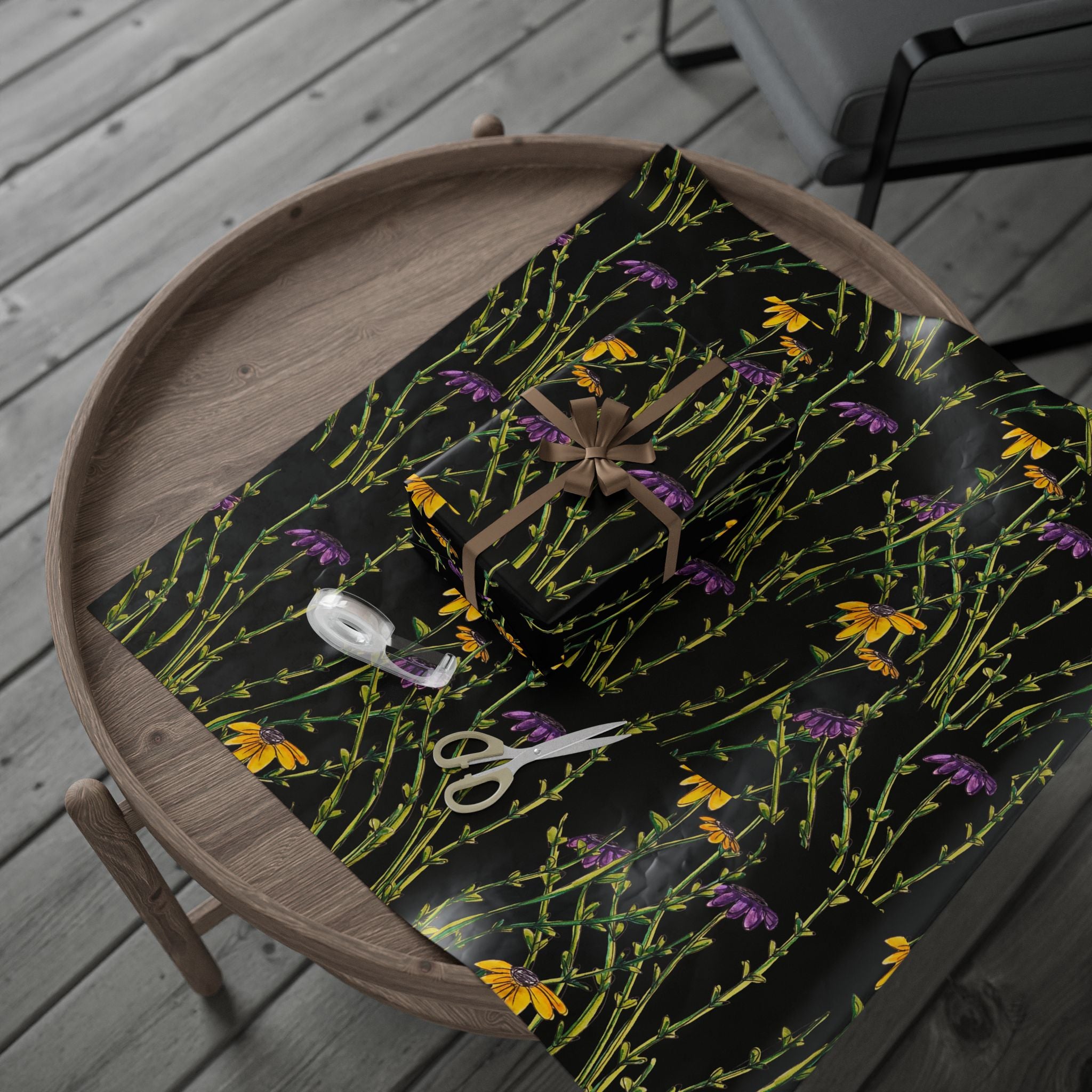 Floral Black Wrapping Paper — Wildflower Pattern Gift Wrap (Yellow & Purple)