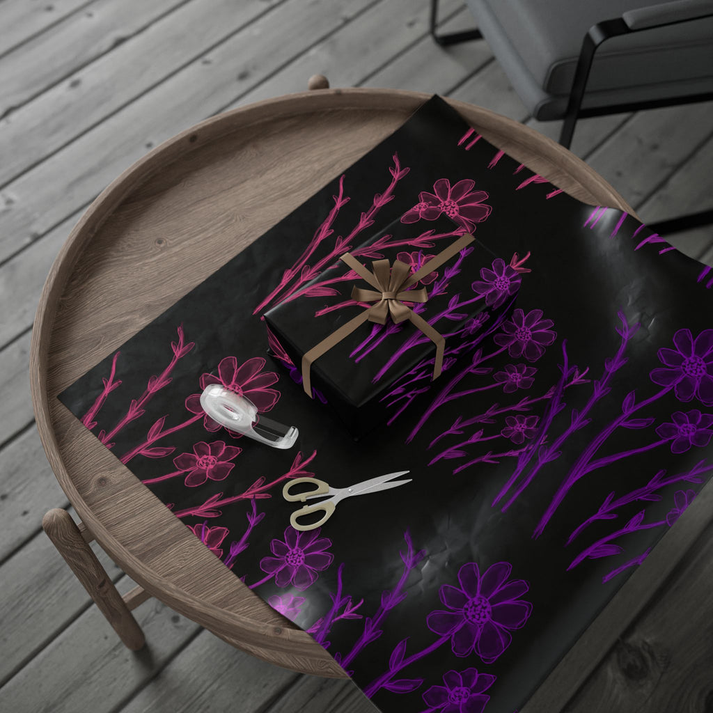 Floral Nightfall Wrapping Paper — Pink & Purple Neon Flowers on Black
