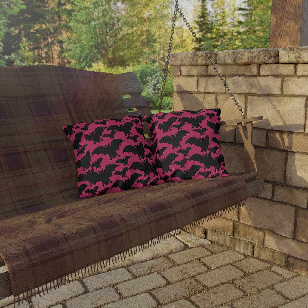 Pink Bat Pattern Outdoor Pillow — Halloween Patio Throw Pillow