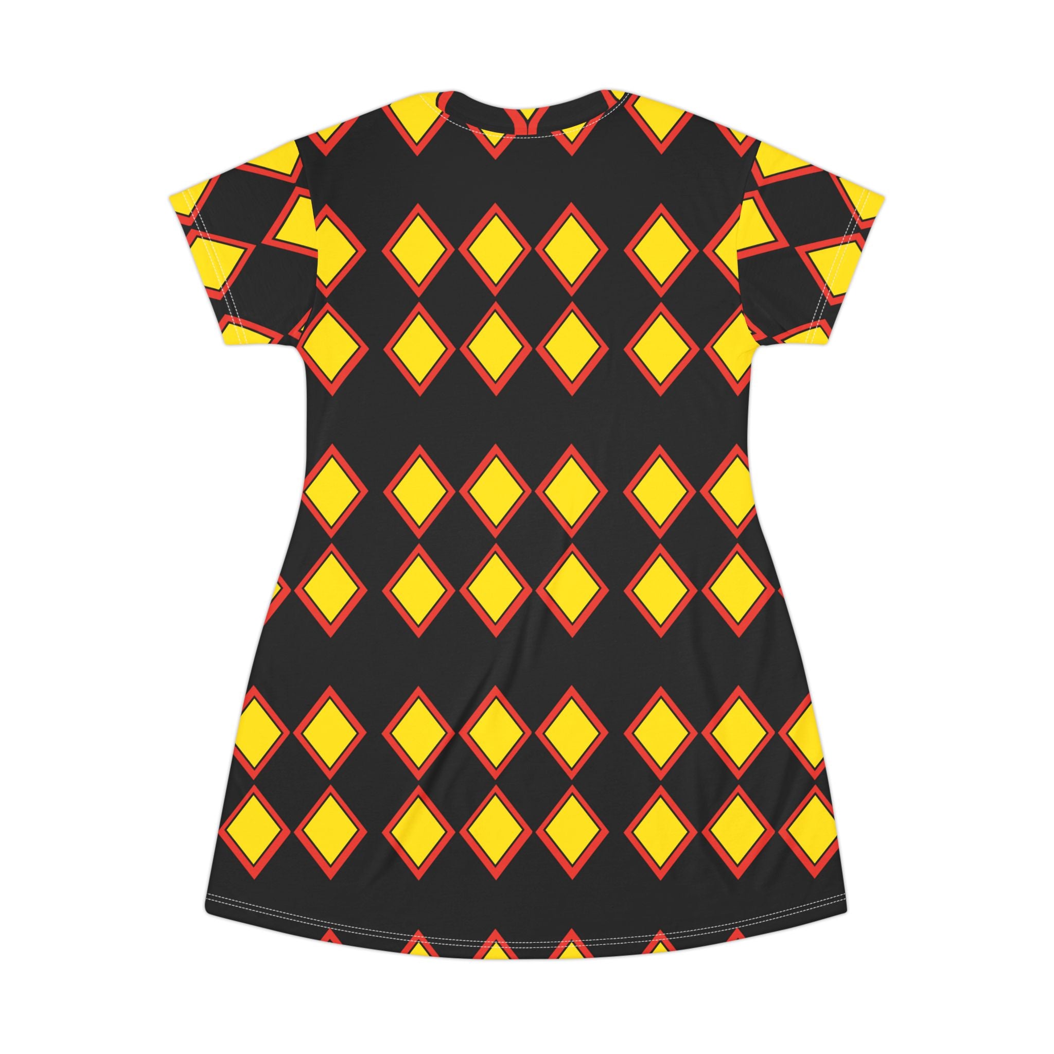 Geometric Diamond Print T-Shirt Dress — Bold Yellow & Red All-Over Pattern