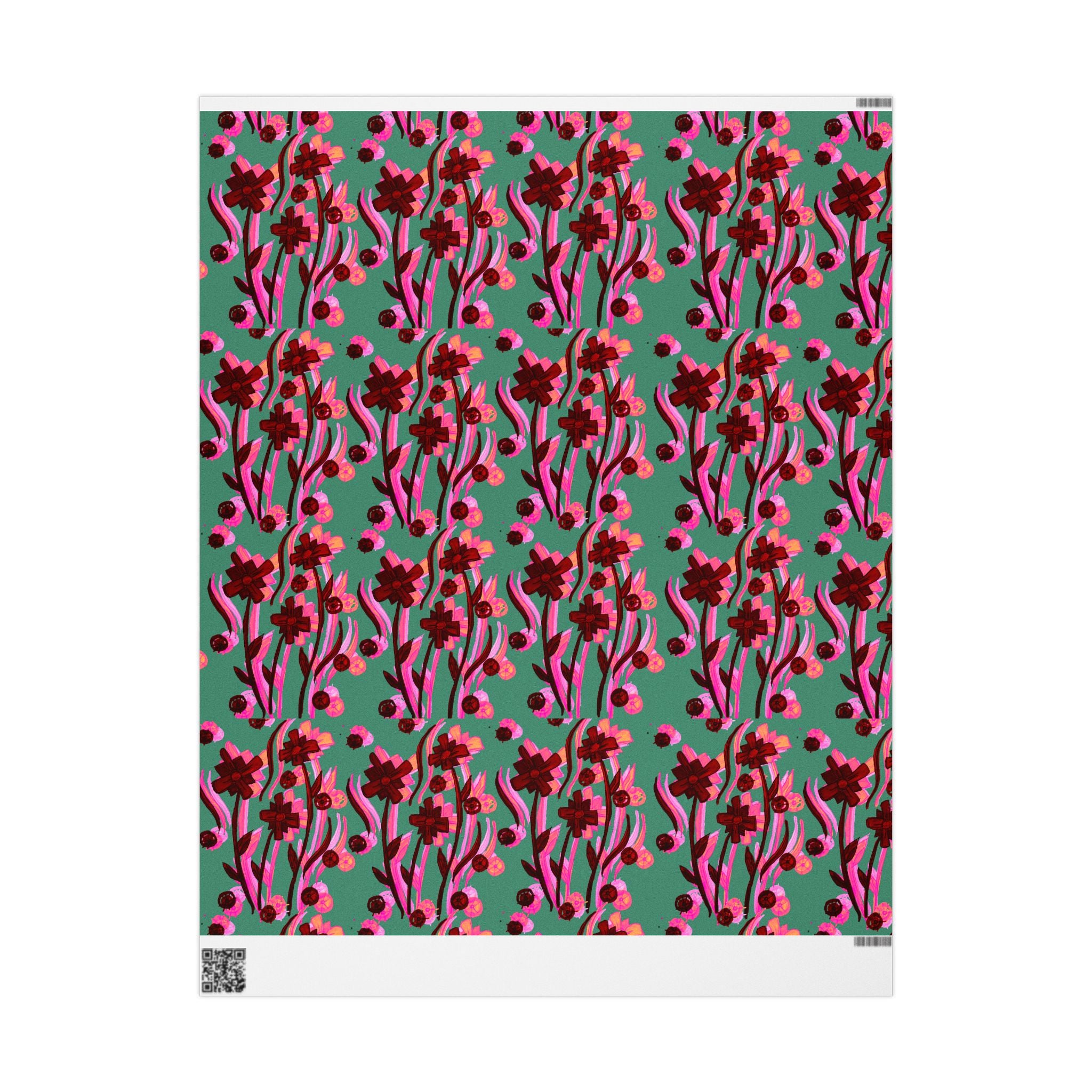 Green Floral Wrapping Paper — Pink Red Bloom Gift Wrap Roll