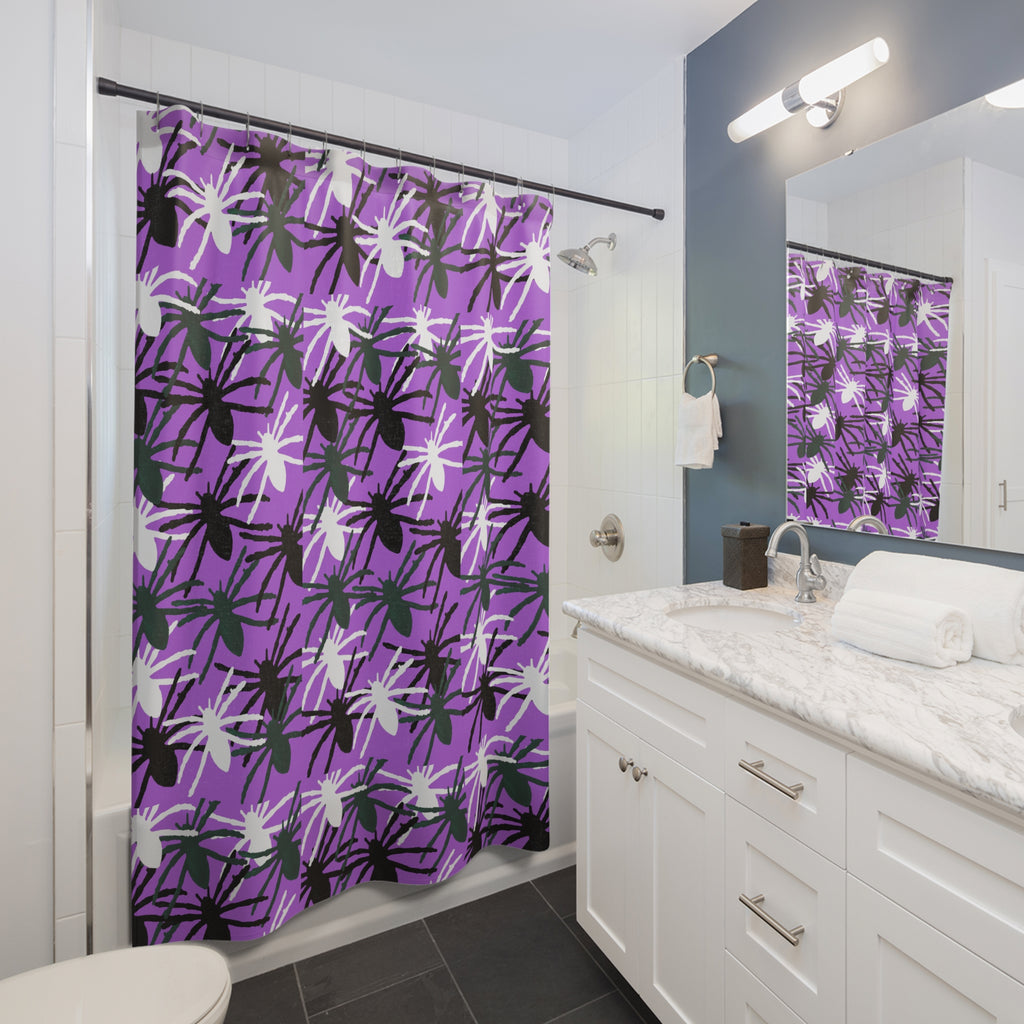 Purple Spider Pattern Shower Curtain — Bold Halloween Bathroom Decor