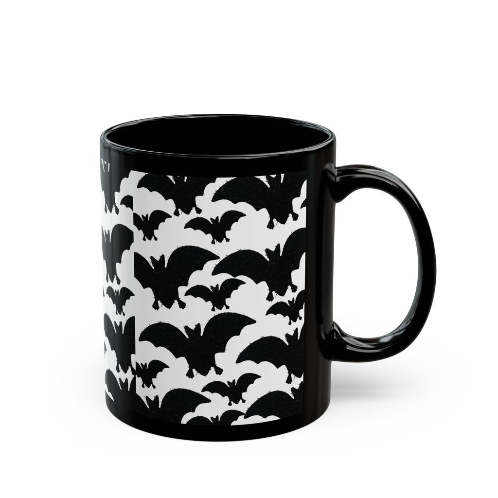 Halloween Bat Pattern Mug — Black Ceramic Coffee Cup (11oz/15oz)