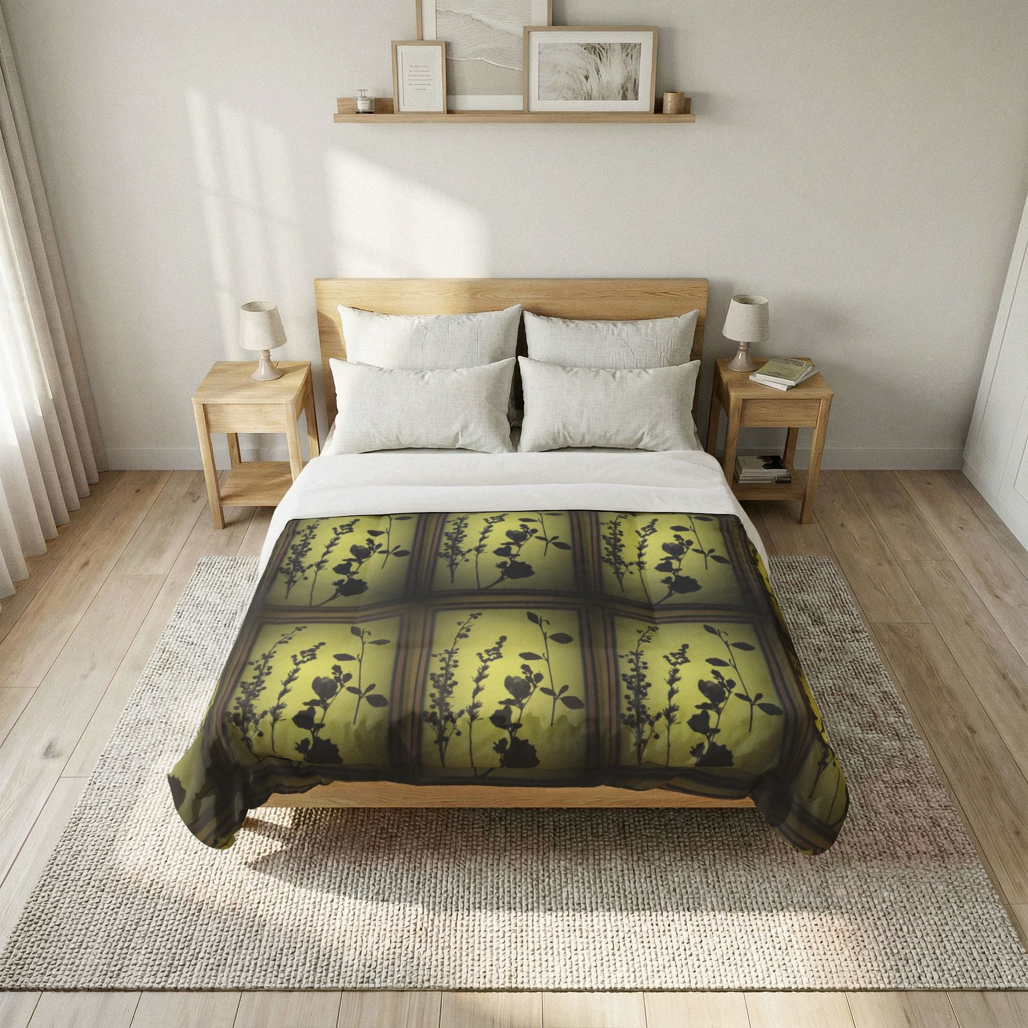 Botanical Shadow Cotton Comforter — Green Floral Silhouette Bedspread