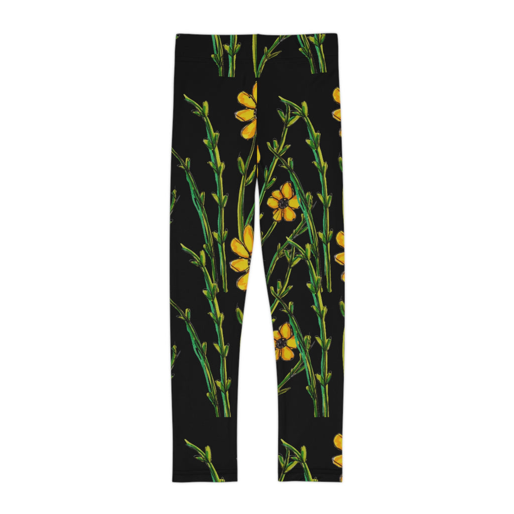 Kids Floral Leggings — Yellow Wildflower Print on Black