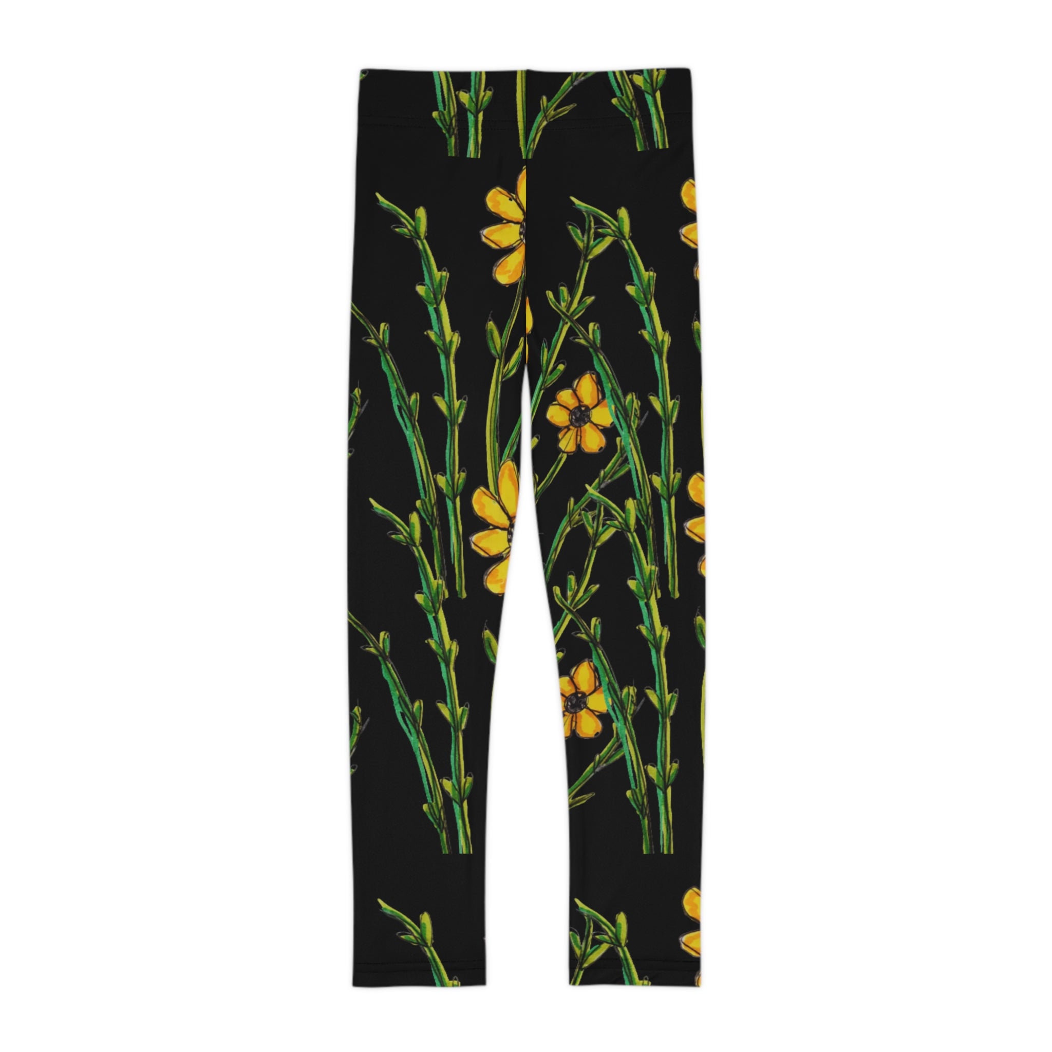 Kids Floral Leggings — Yellow Wildflower Print on Black