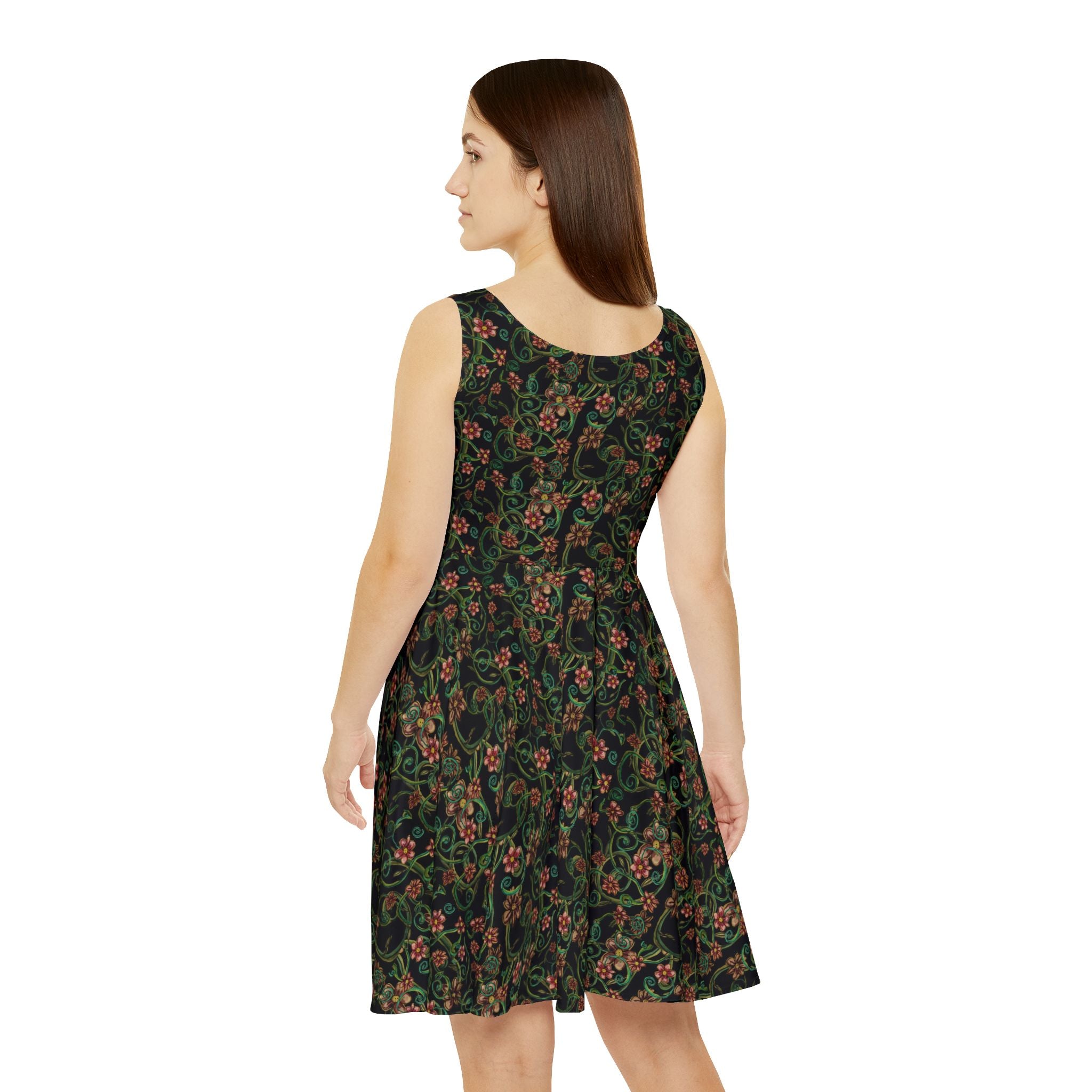 Floral Vine Skater Dress — Dark Green Vintage Botanical Print