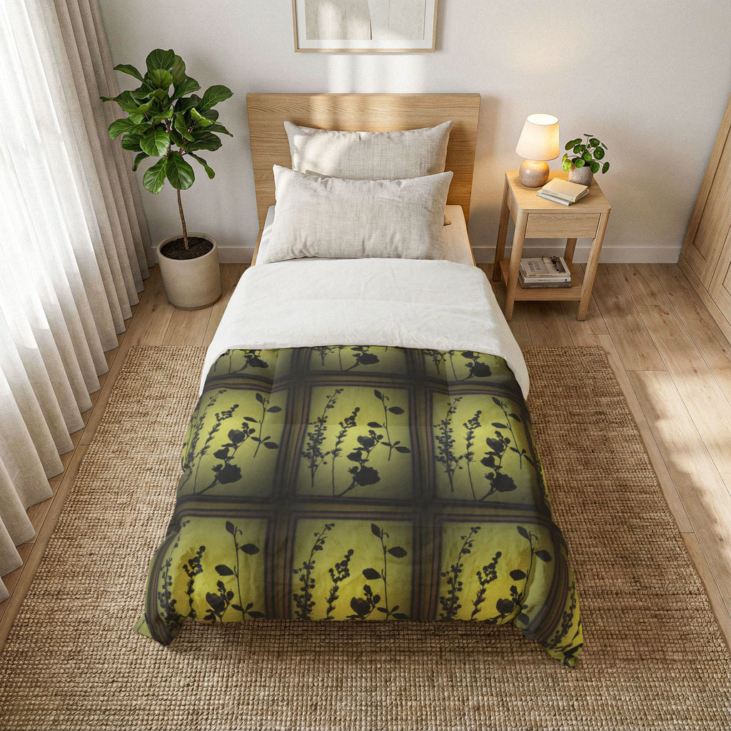 Botanical Shadow Cotton Comforter — Green Floral Silhouette Bedspread