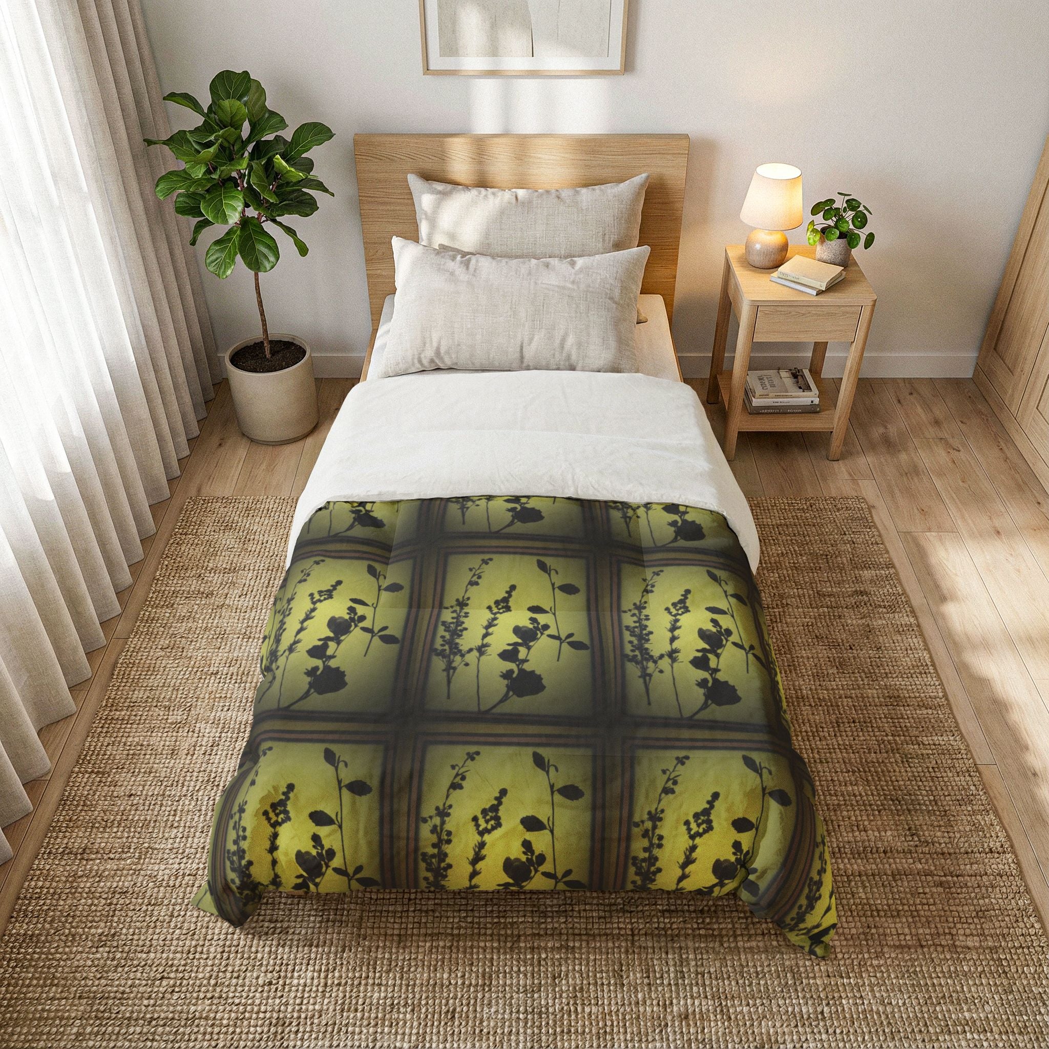Botanical Shadow Cotton Comforter — Green Floral Silhouette Bedspread
