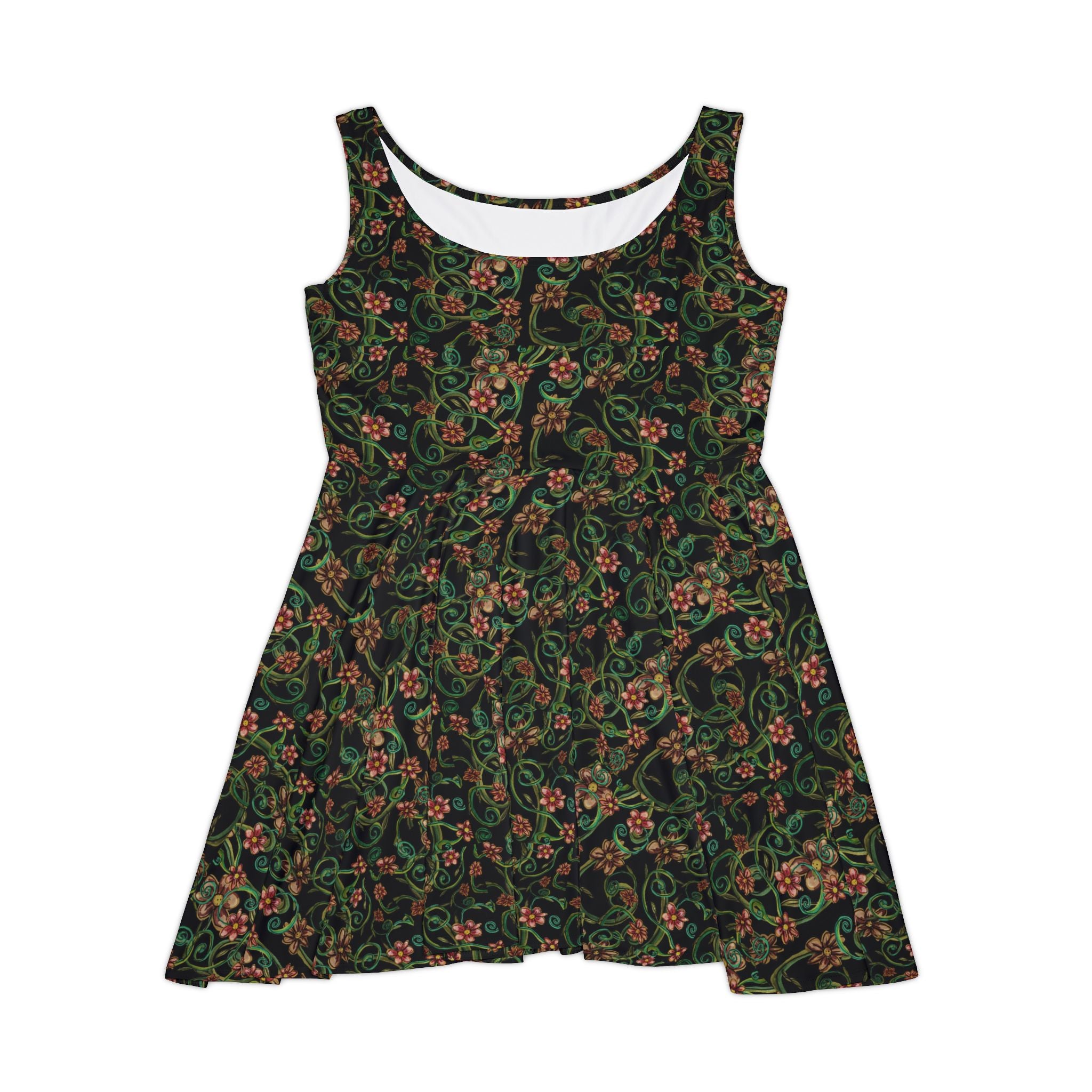 Floral Vine Skater Dress — Dark Green Vintage Botanical Print