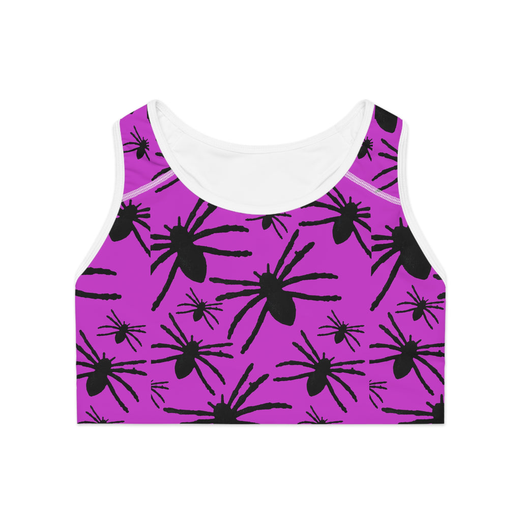 Spider Silhouette Sports Bra — Purple All-Over Print Activewear