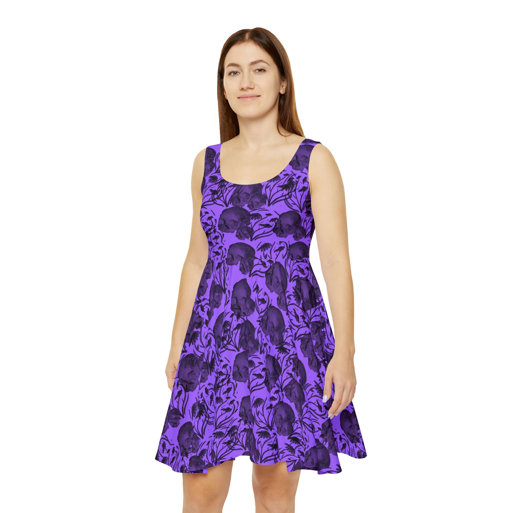 Purple Floral Skull Skater Dress — Gothic Patterned AOP Dress