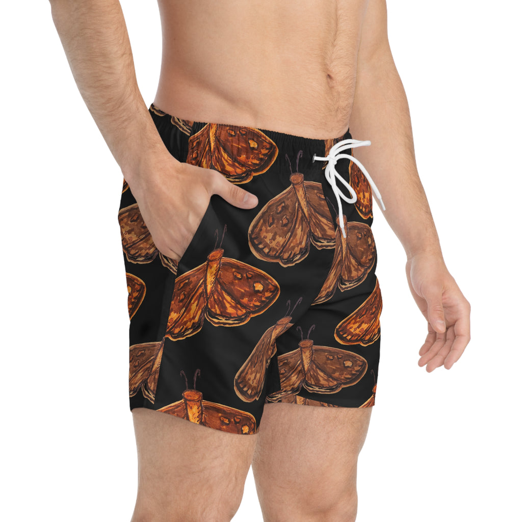 Moth Pattern Swim Trunks — Vintage Orange Moth All-Over Print