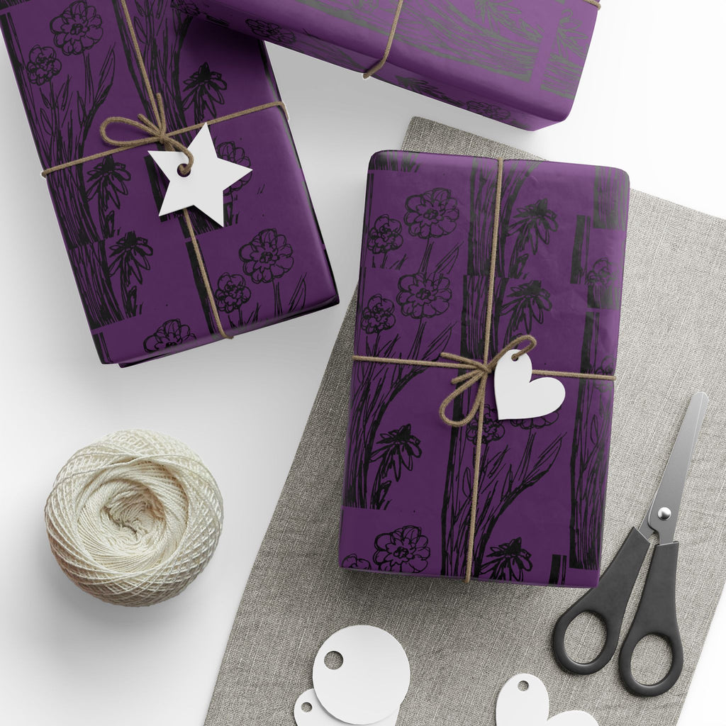 FOLKLORE Floral Stripe Wrapping Paper — Purple & Black Elegant Gift Wrap