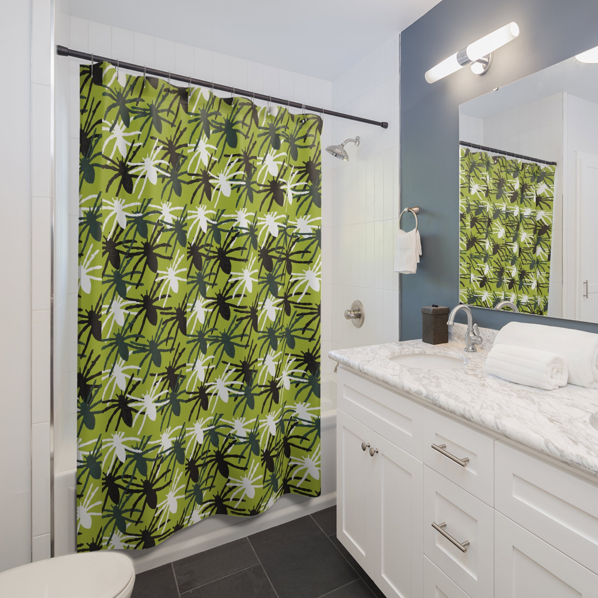 Spider Pattern Shower Curtain — Green Halloween Bathroom Decor