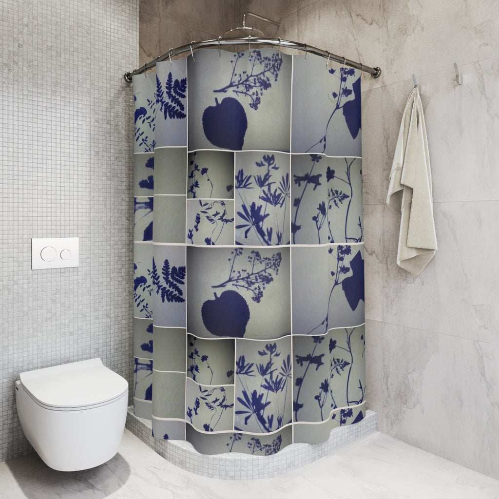 Botanical Grid Shower Curtain — Blue Silhouette Floral Pattern