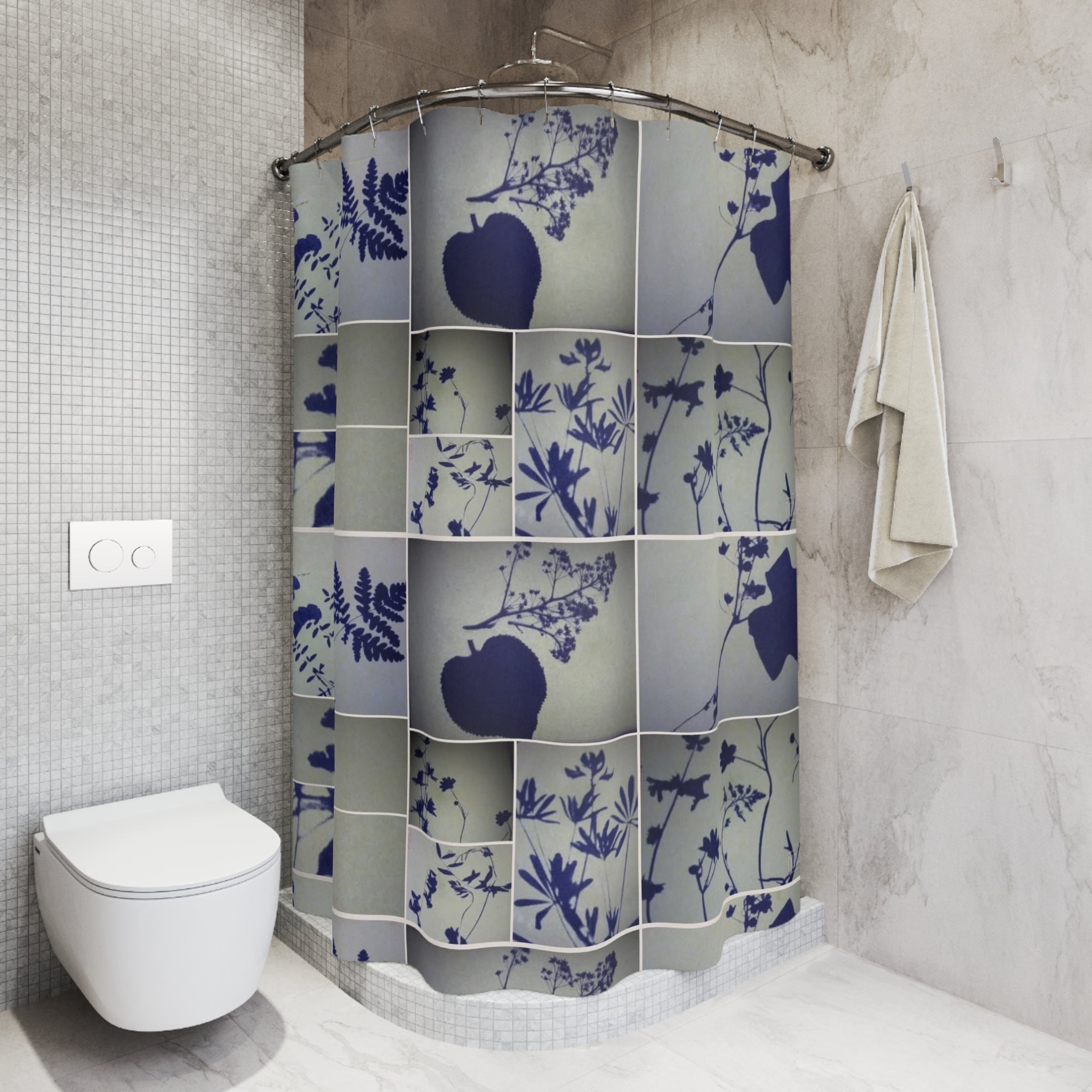 Botanical Grid Shower Curtain — Blue Silhouette Floral Pattern