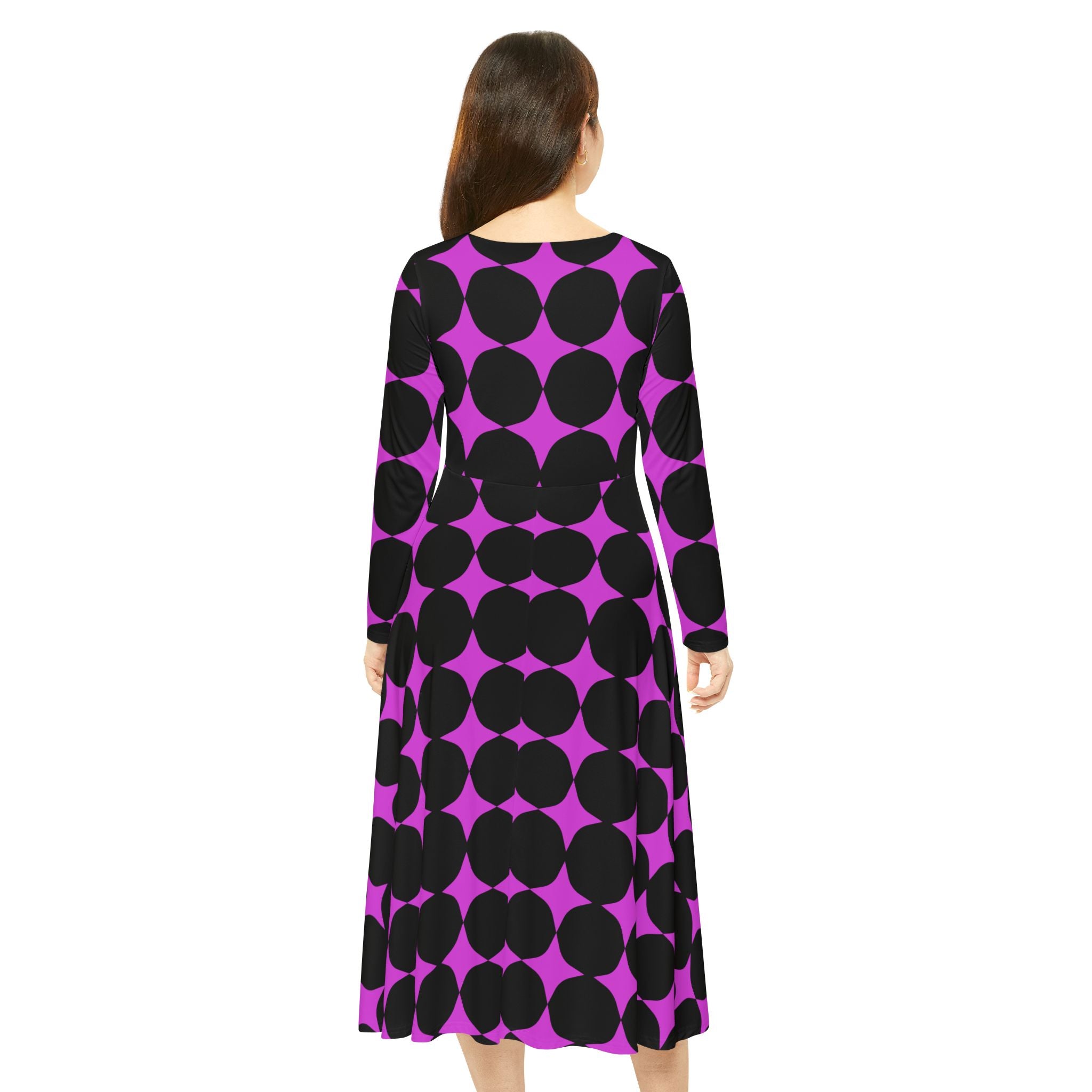 Purple & Black Retro Dot Long Sleeve Dance Dress