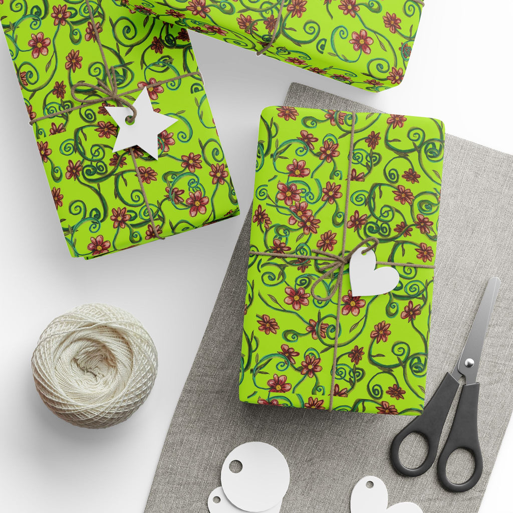 TINK Floral Vine Wrapping Paper — Bright Green Gift Wrap with Pink Flowers