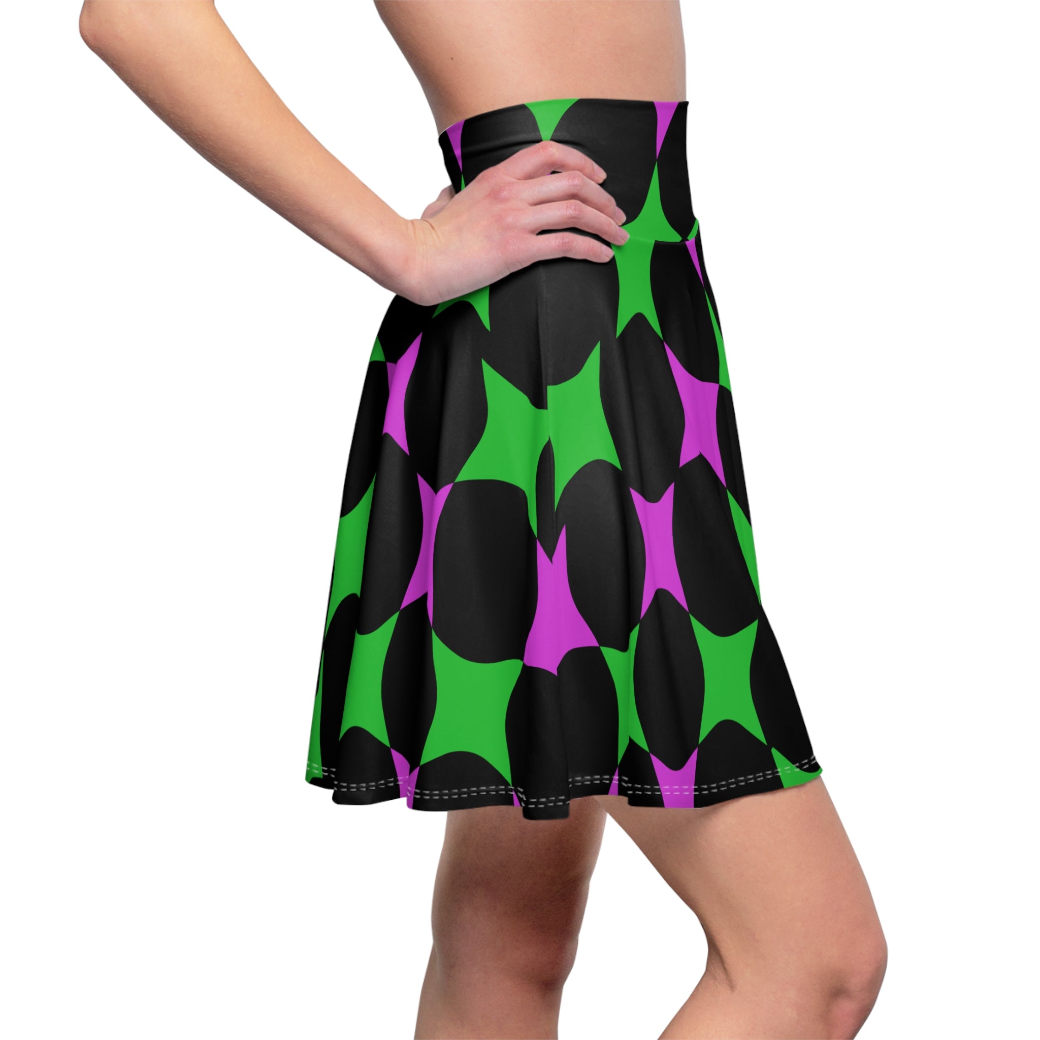 Retro Geo Star Skater Skirt — Bold Green, Purple & Black Pattern