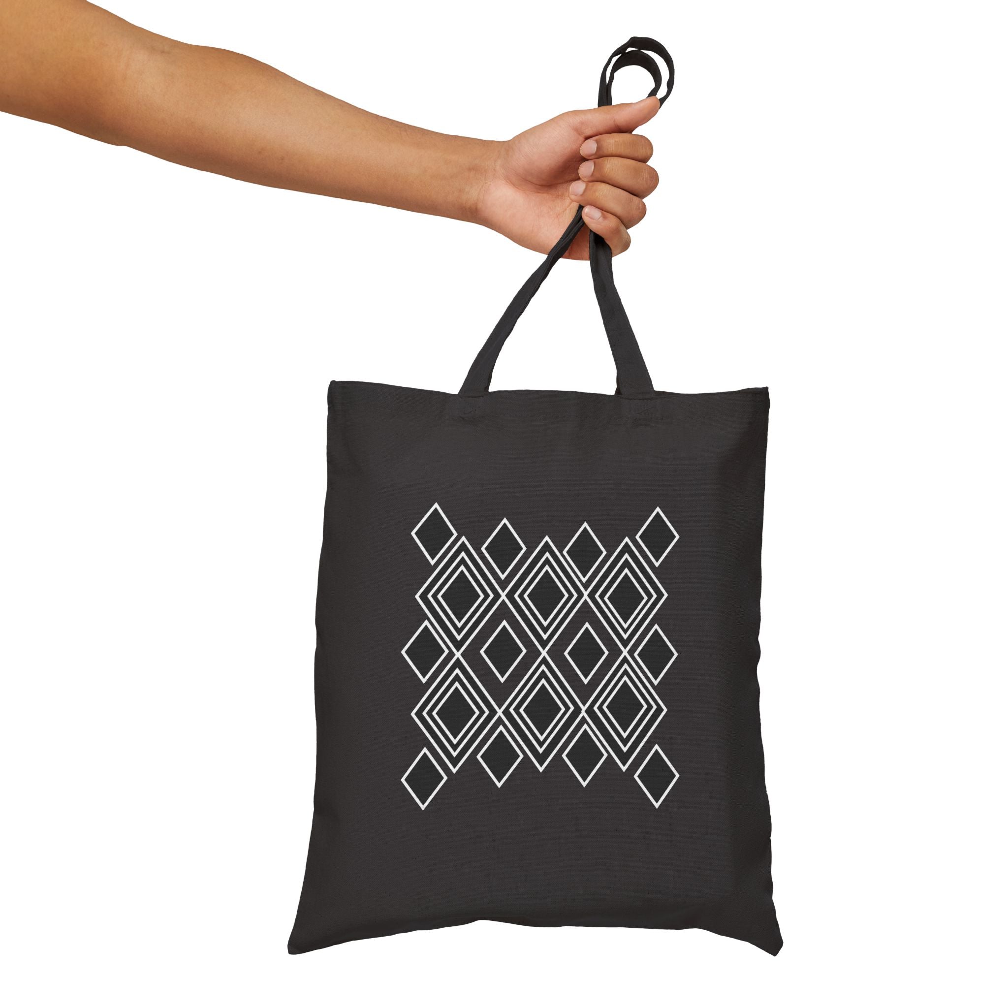 Geometric Diamond Pattern Tote Bag — Modern Black Canvas Shopper