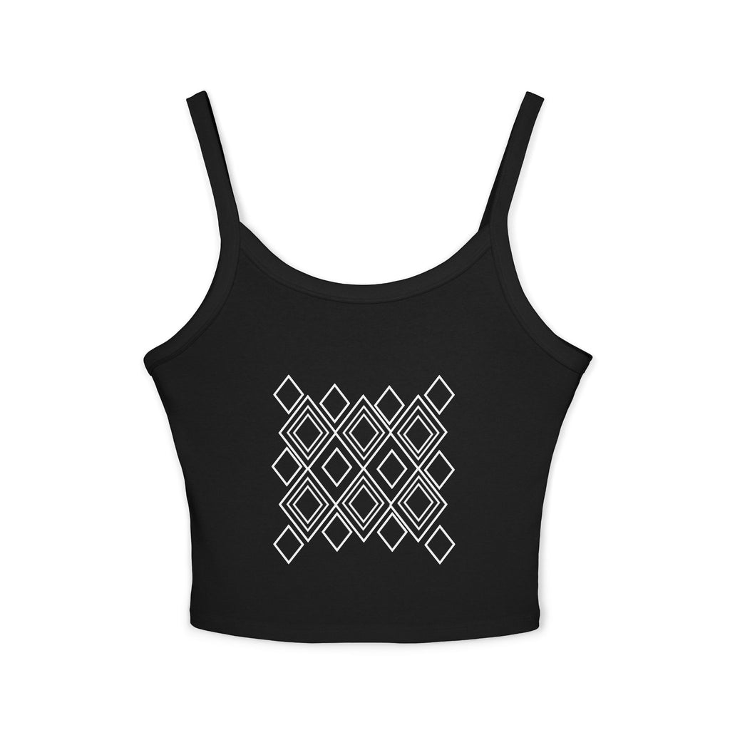 Geometric Diamond Crop Tank Top — Black Spaghetti Strap Graphic