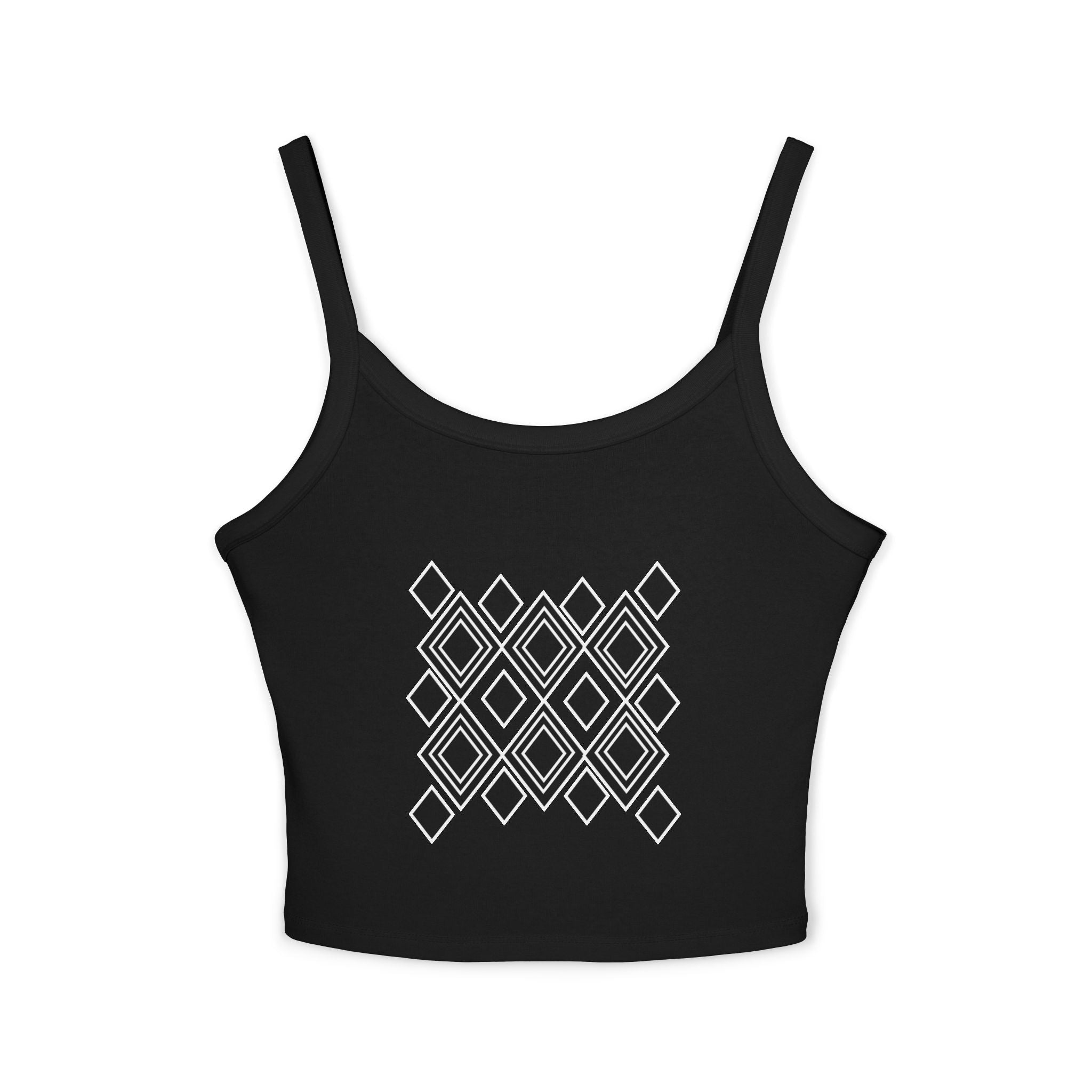 Geometric Diamond Crop Tank Top — Black Spaghetti Strap Graphic