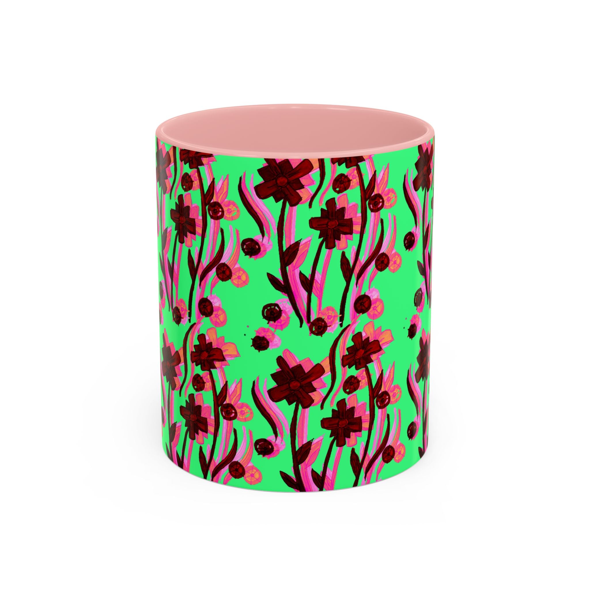 Floral Pop Accent Coffee Mug – Bold Red Flowers on Mint Green (11/15oz)