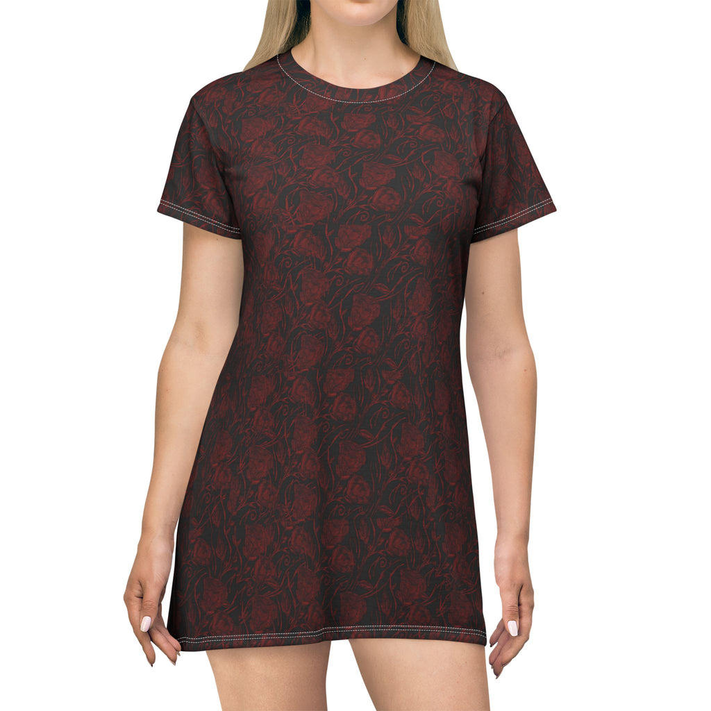 Dark Red Rose All-Over Print T-Shirt Dress — Gothic Floral Casual Dress