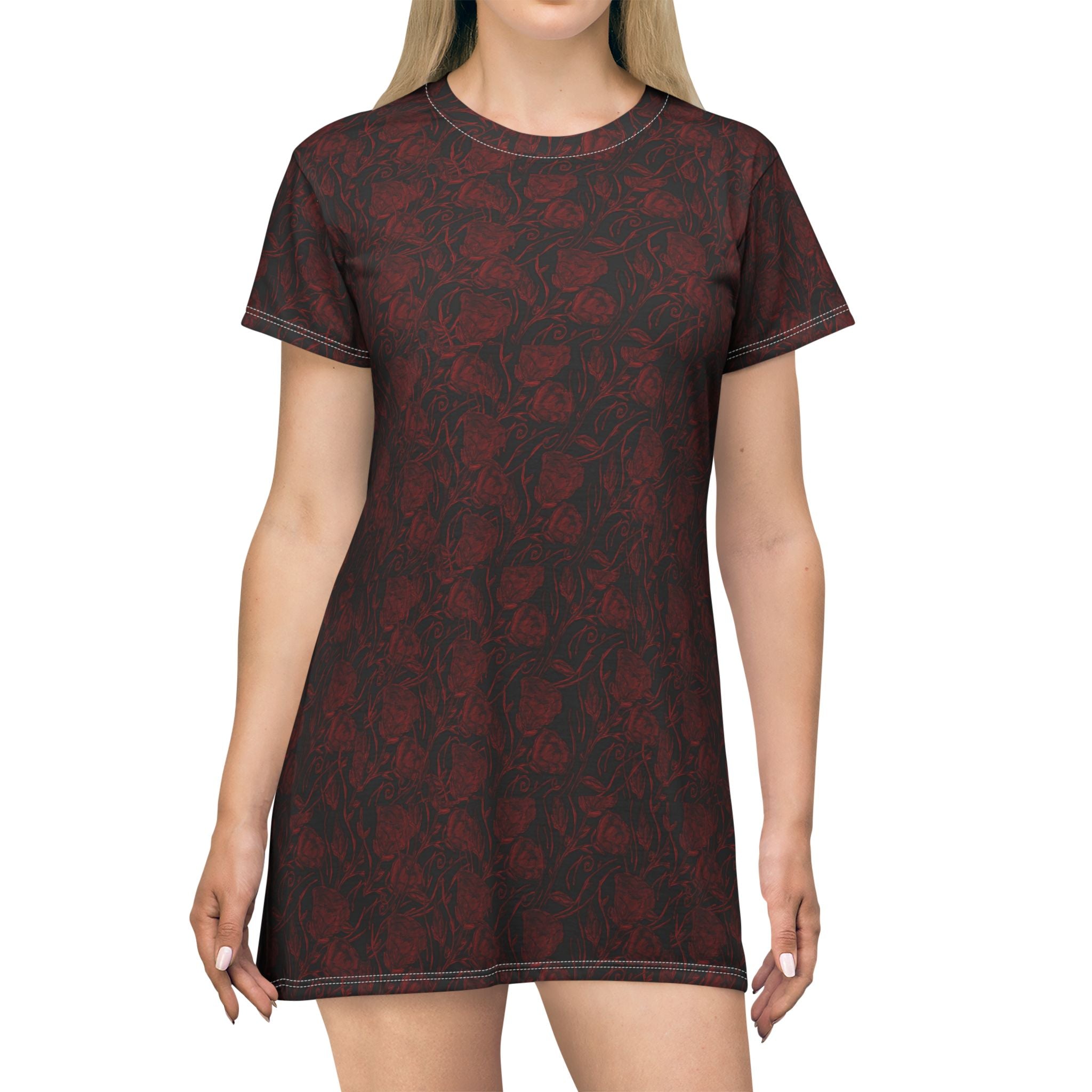Dark Red Rose All-Over Print T-Shirt Dress — Gothic Floral Casual Dress