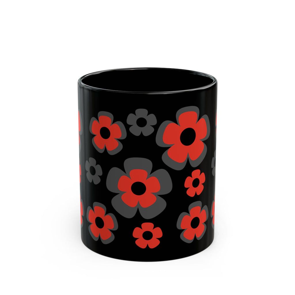 Black Floral Mug — Retro Red & Gray Flower Pattern Coffee Cup (11oz/15oz)