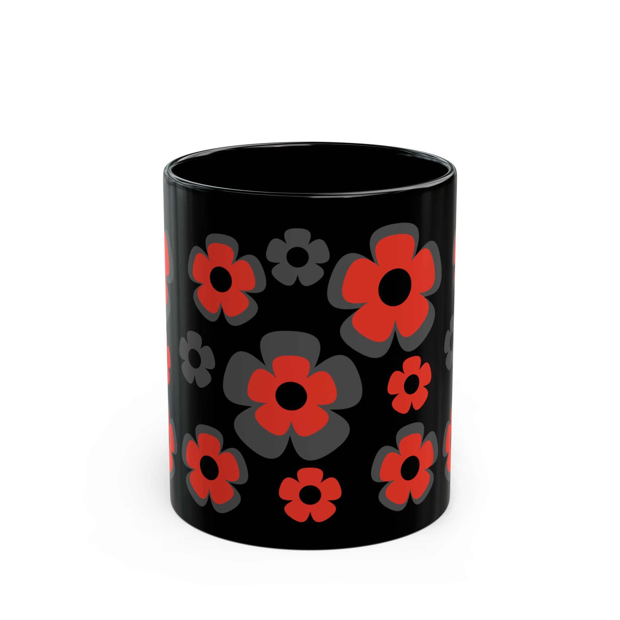 Black Floral Mug — Retro Red & Gray Flower Pattern Coffee Cup (11oz/15oz)