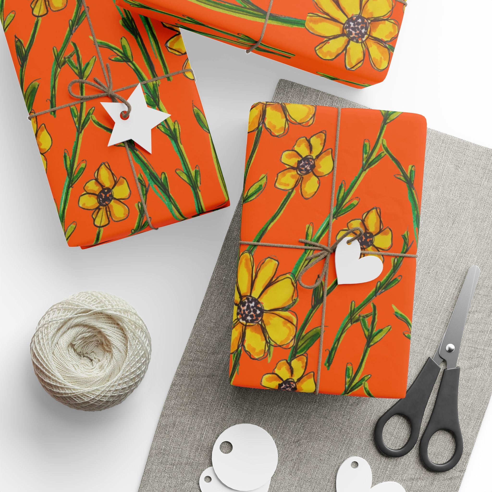 Floral Daises Orange Wrapping Paper – Bright Wildflower Gift Wrap