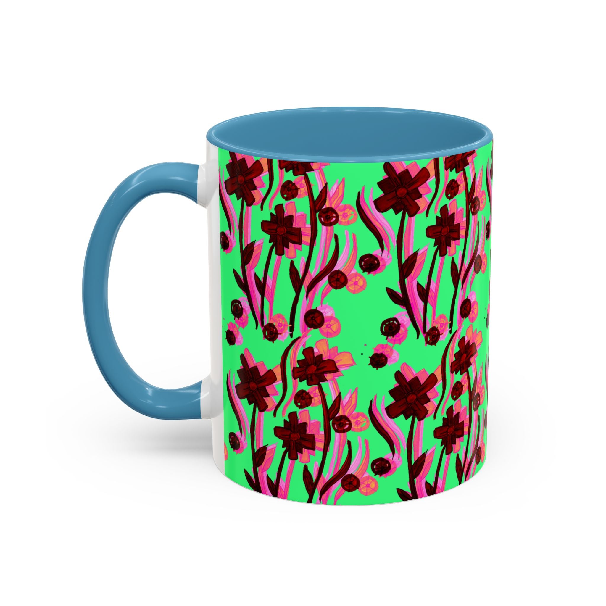 Floral Pop Accent Coffee Mug – Bold Red Flowers on Mint Green (11/15oz)