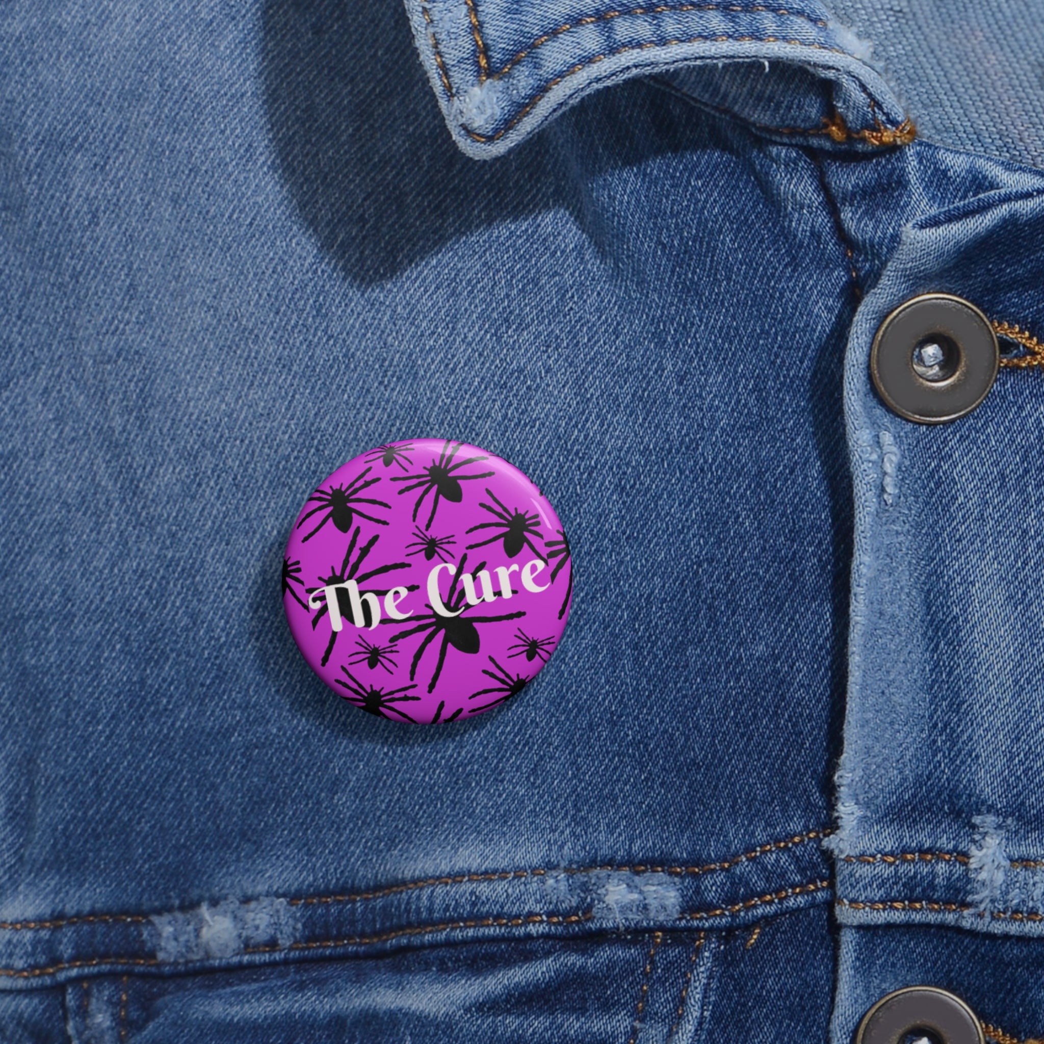 Button Pin — "The Cure" Spider Pattern Purple Badge