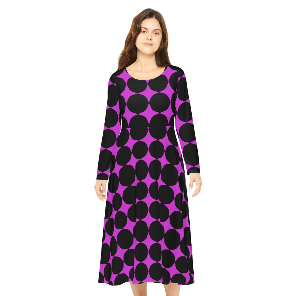 Purple & Black Retro Dot Long Sleeve Dance Dress