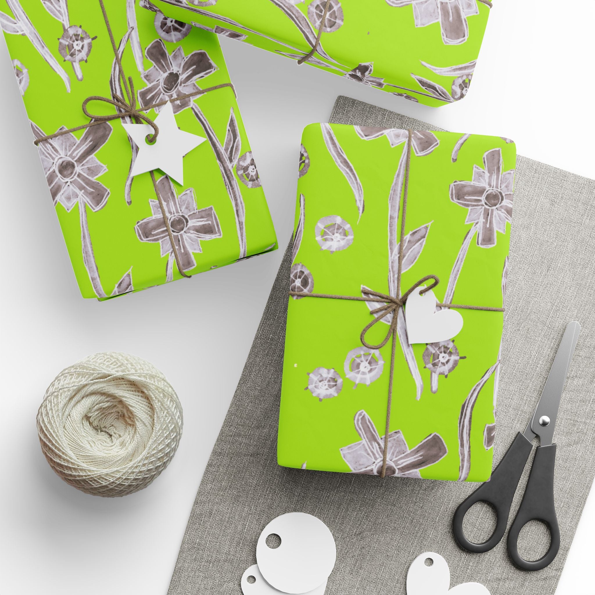 Lime Floral Wrapping Paper — Silver Botanical Gift Wrap
