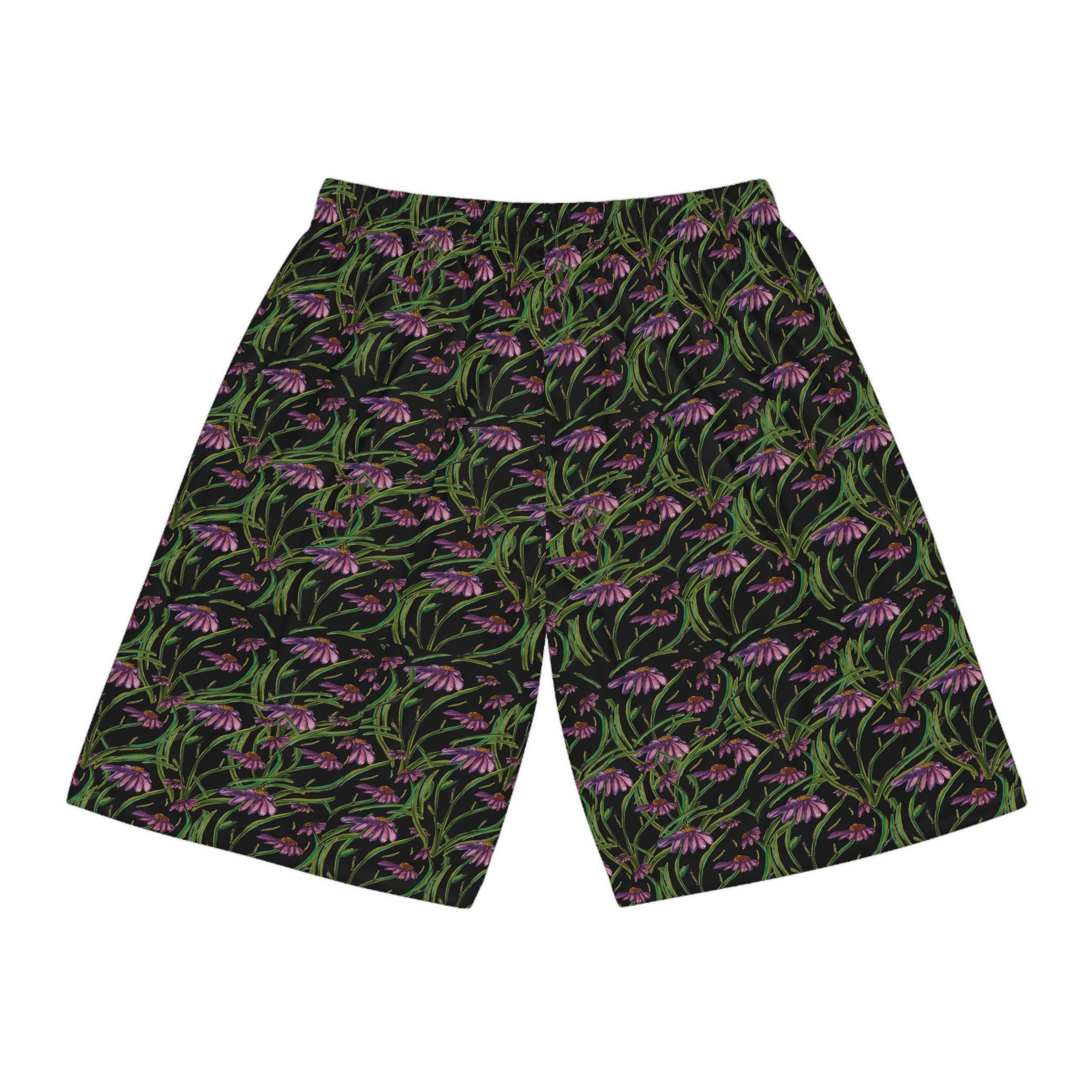 Floral Nightscape Basketball Shorts — All-Over Pink Wildflower Print