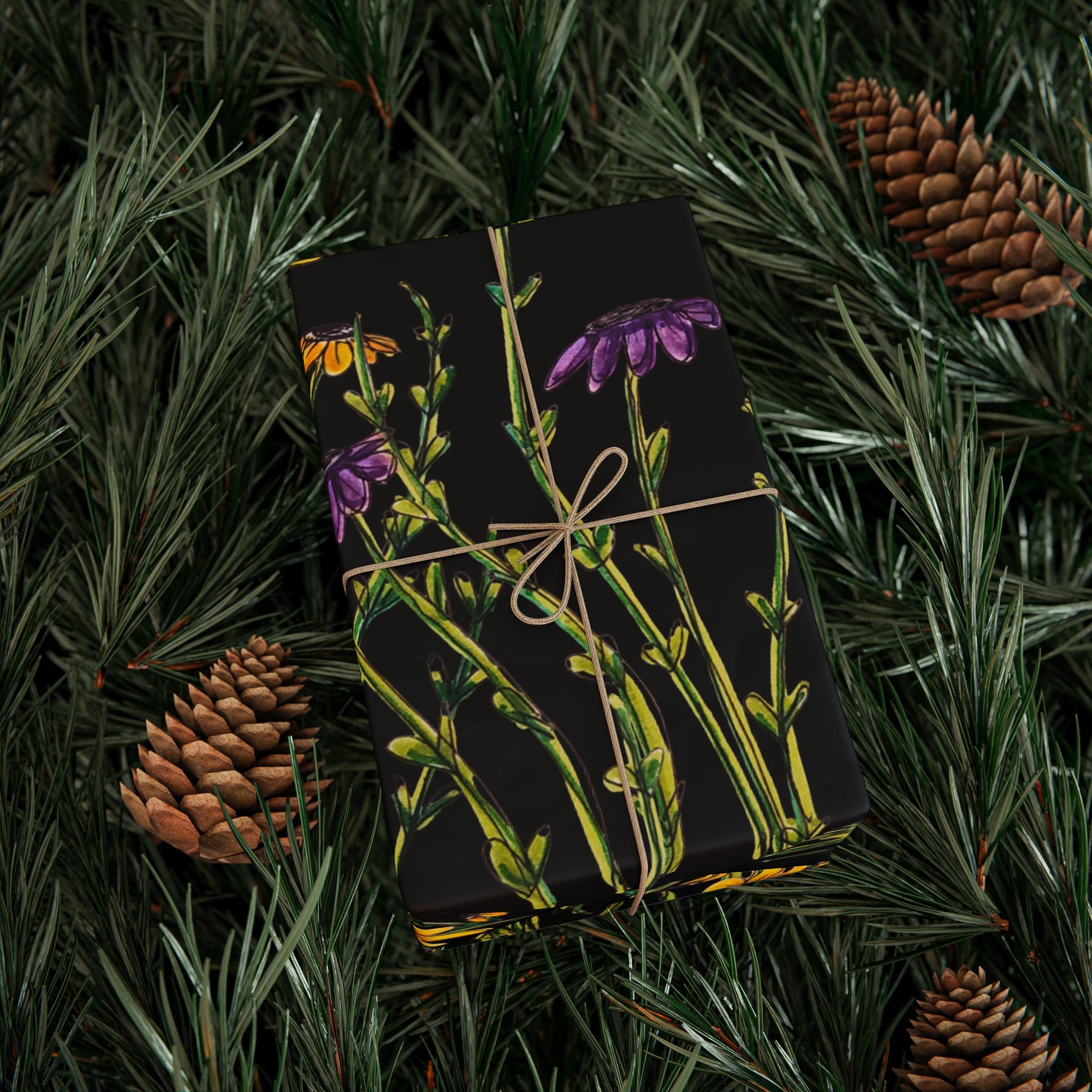 Floral Black Wrapping Paper — Wildflower Pattern Gift Wrap (Yellow & Purple)