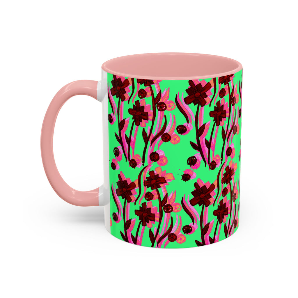 Floral Pop Accent Coffee Mug – Bold Red Flowers on Mint Green (11/15oz)