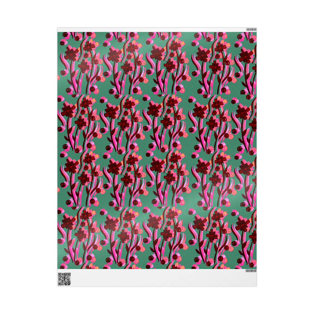 Green Floral Wrapping Paper — Pink Red Bloom Gift Wrap Roll