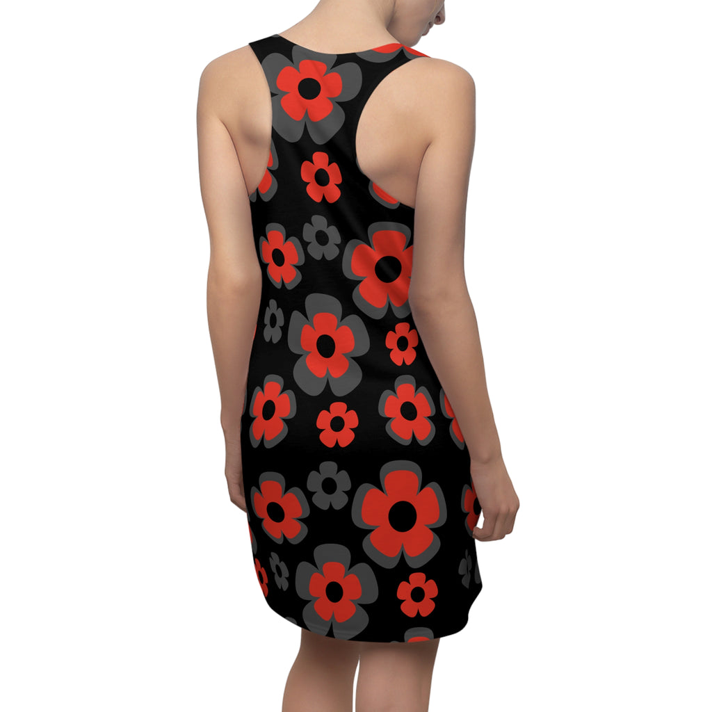 Red & Gray Floral Racerback Dress — Bold Retro Flower Print