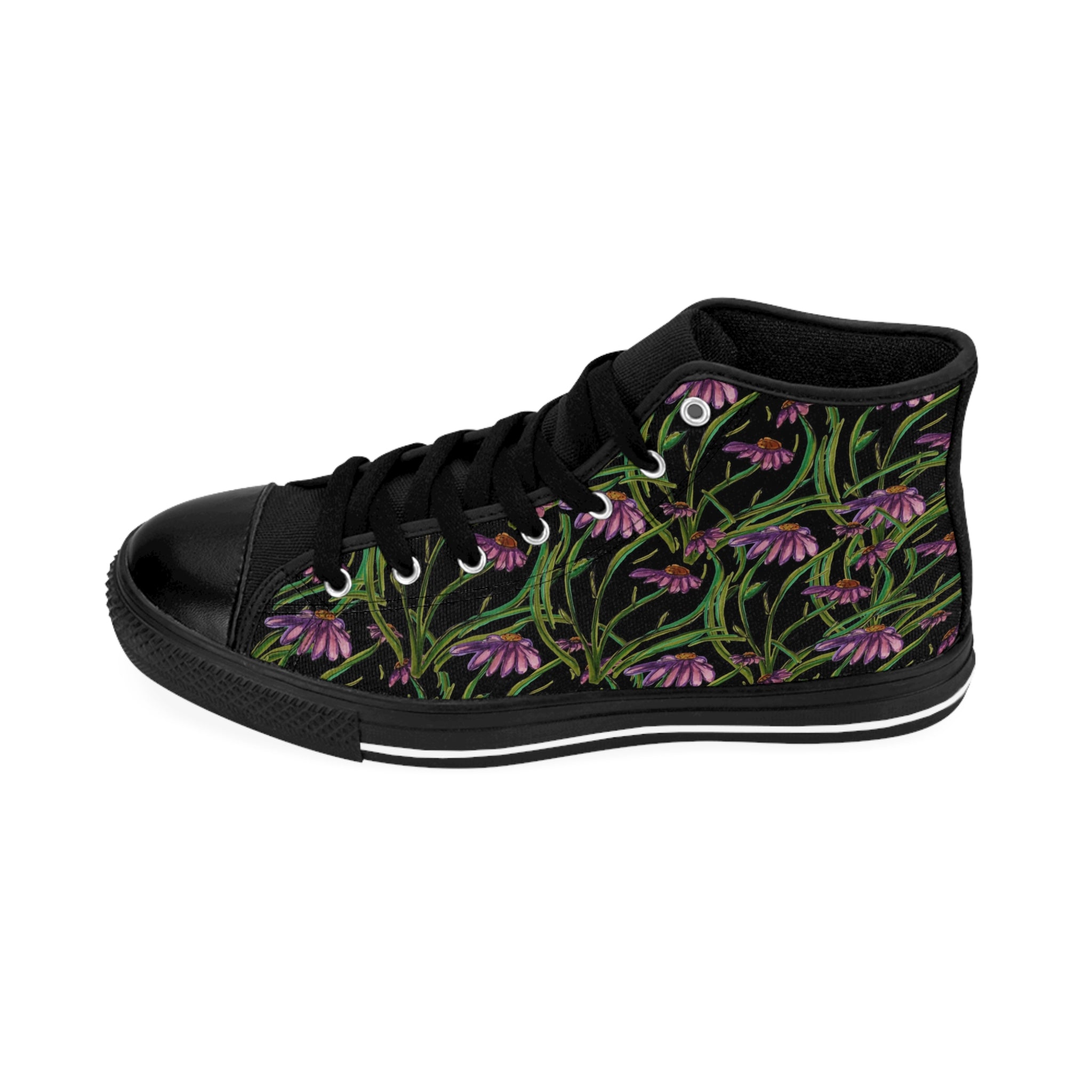 Floral Black High-Top Sneakers — Purple Wildflower Print Women’s Shoes