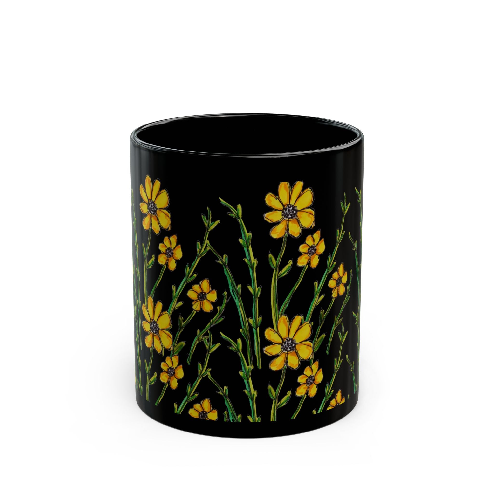 Black Floral Mug — Yellow Wildflower Coffee Cup (11oz & 15oz)