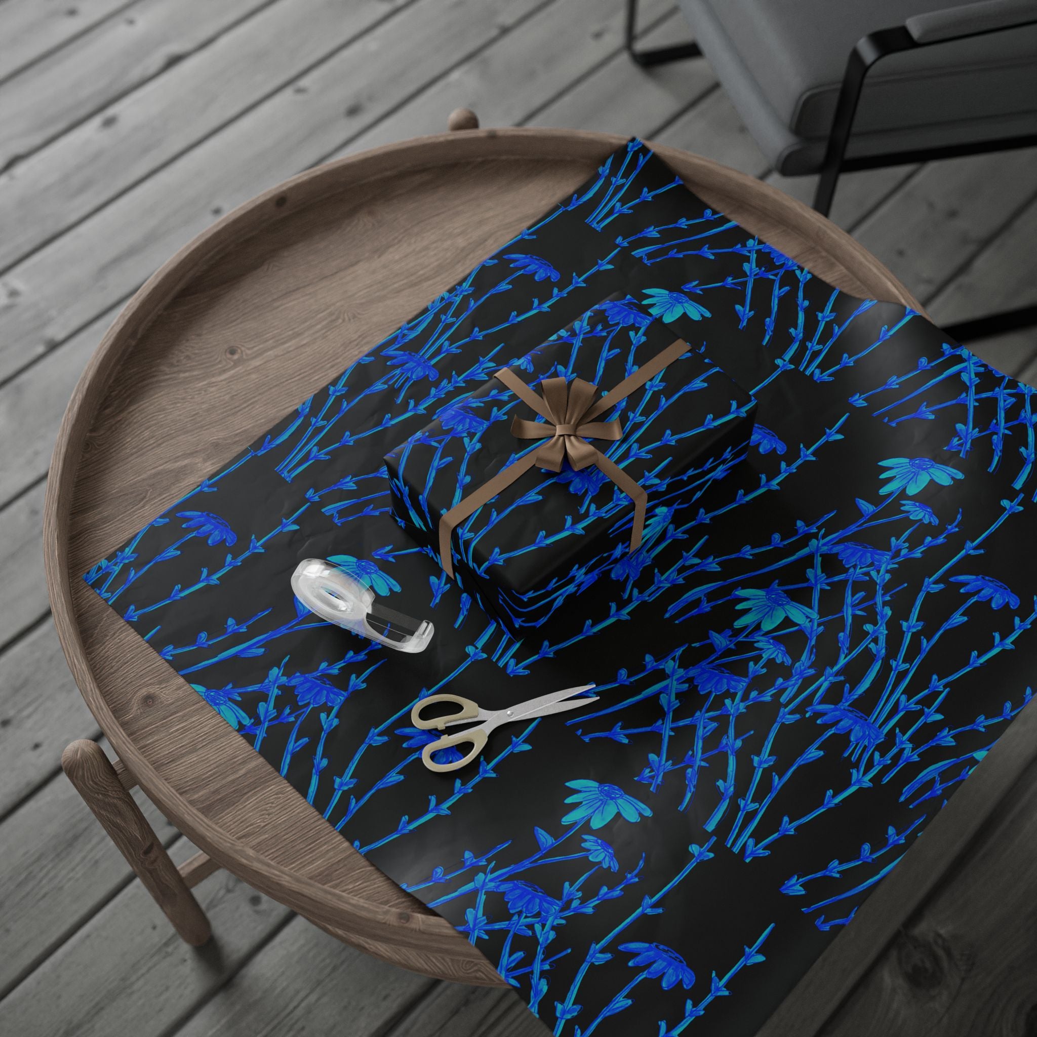 Blue Floral Wrapping Paper Roll — Midnight Botanical Gift Wrap