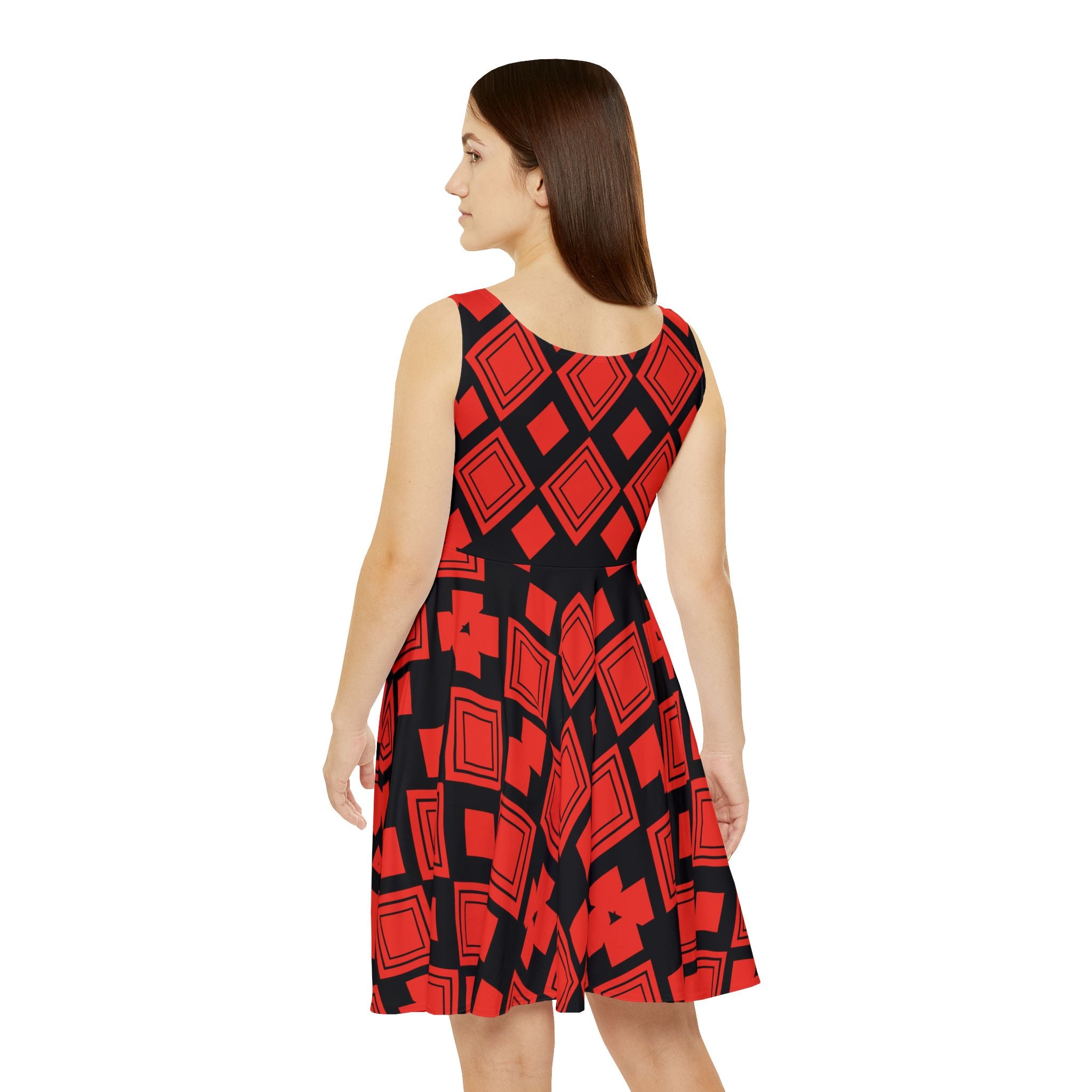 Red Geometric Skater Dress — Bold Diamond & Square Pattern