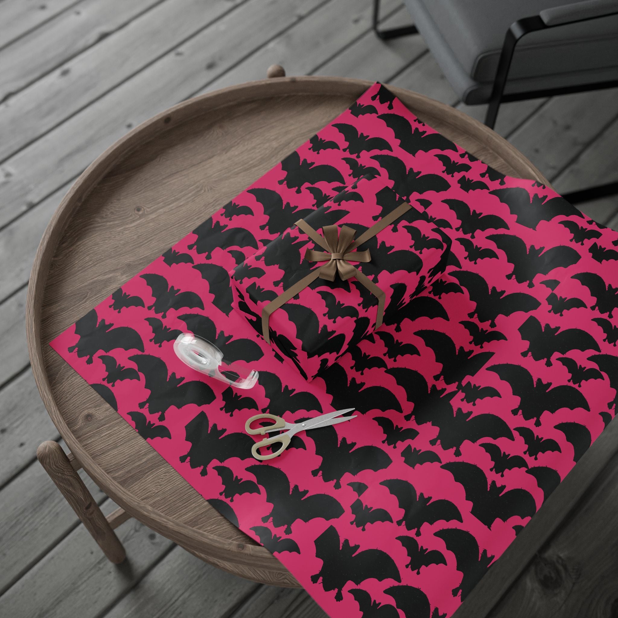 Bat Pattern Wrapping Paper — Pink & Black Halloween Gift Wrap