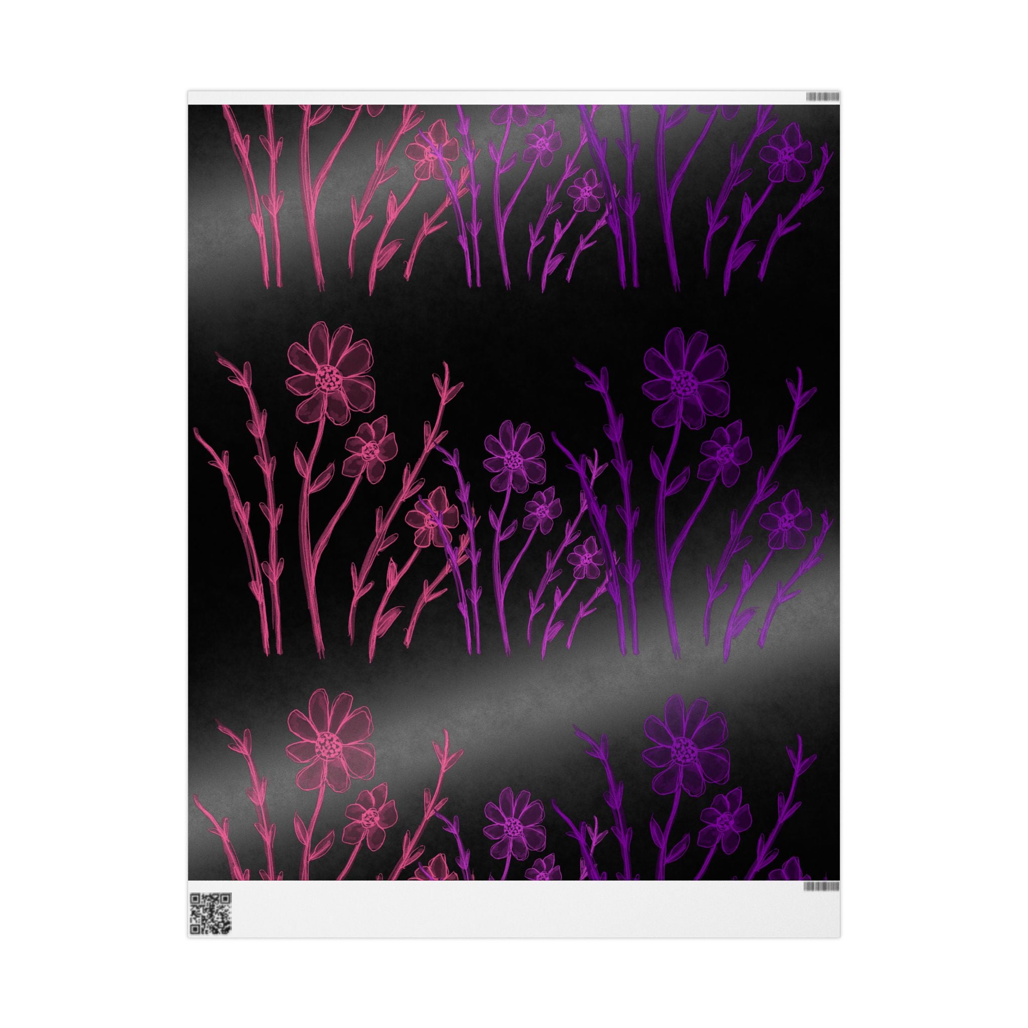 Floral Nightfall Wrapping Paper — Pink & Purple Neon Flowers on Black