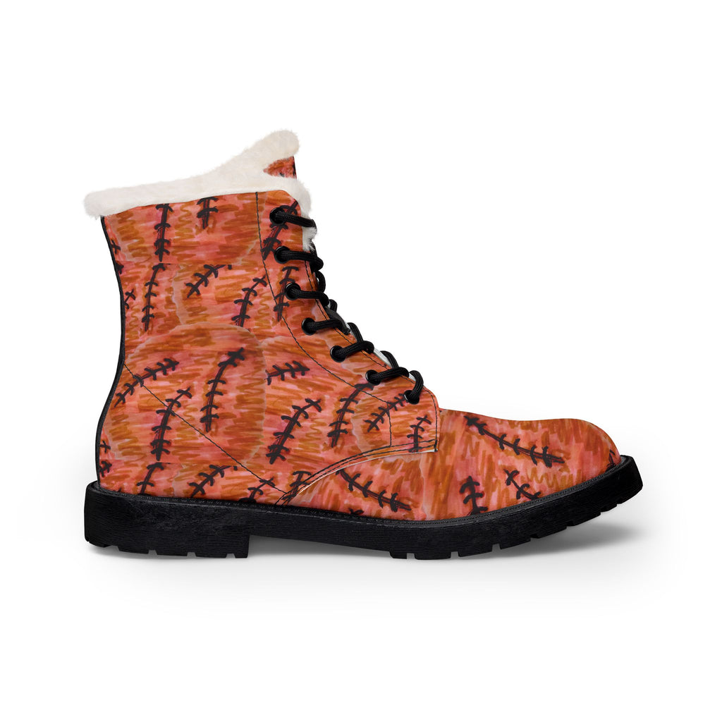 Men's Fur-Lined Leather Boots — Rustic Orange Patterned Winter Combat Boots