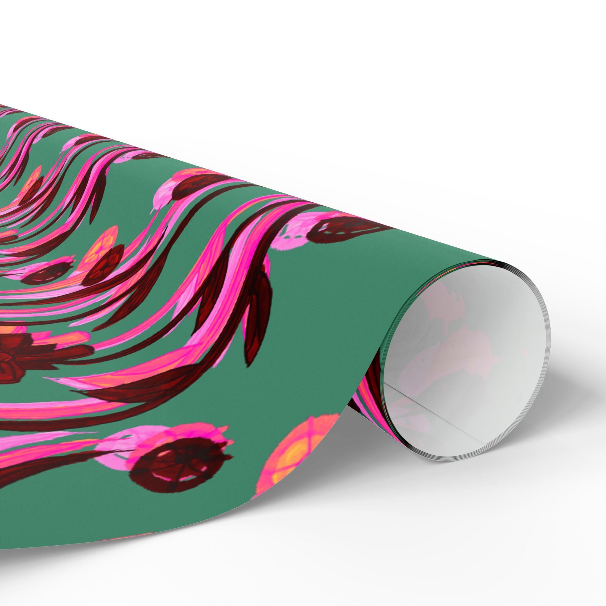 Green Floral Wrapping Paper — Pink Red Bloom Gift Wrap Roll